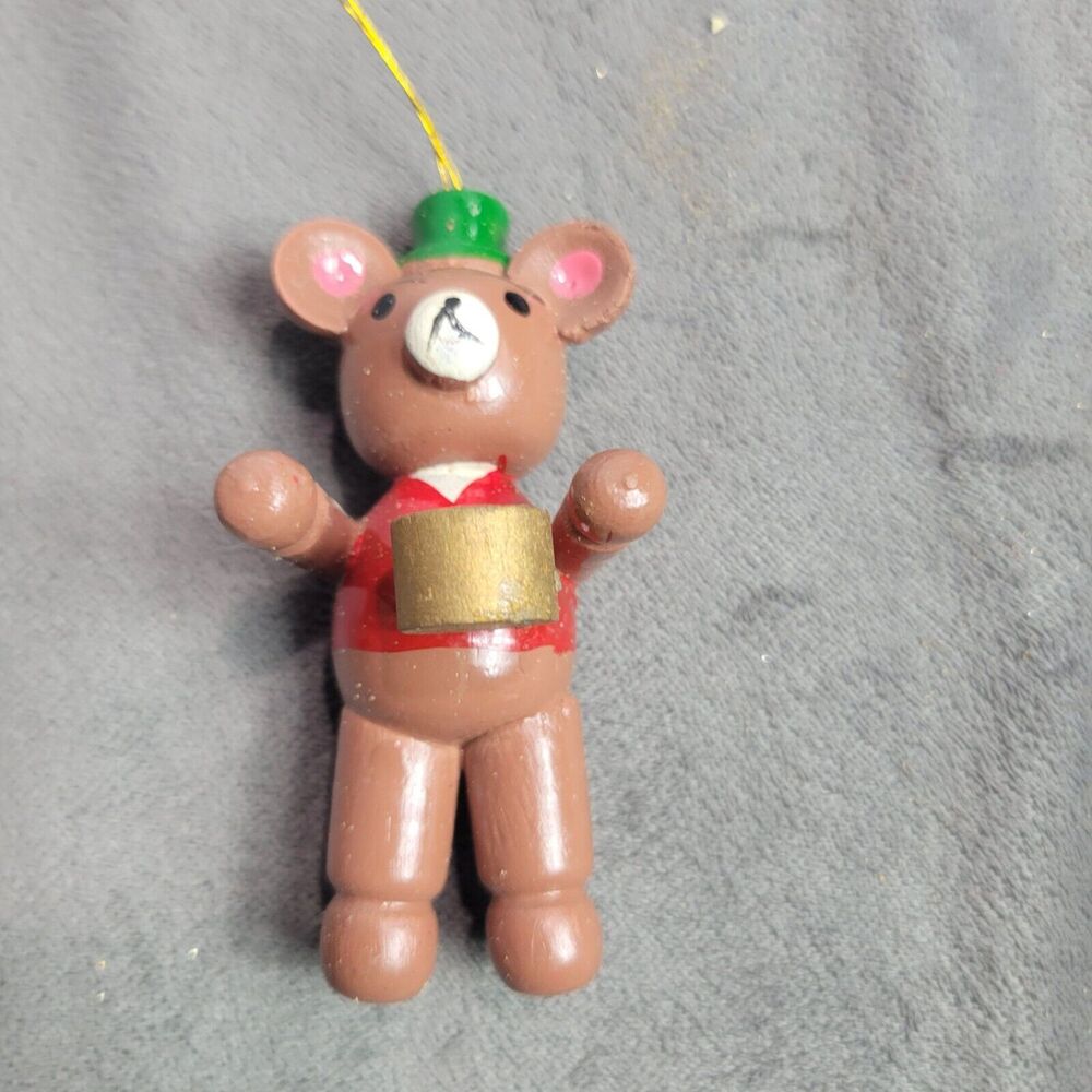 Vintage Wooden Teddy Bear Ornament With Green Hat & Drum‎